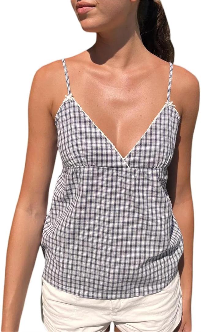 Women Y2k Tank Tops Spaghetti Strap V Neck Babydoll Cami Top Lace Trim Summer Going Out Peplum Camisoles (Small, Plaid Black)