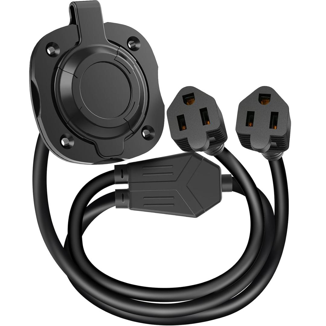WELLUCK RV Shore Power Inlet Charger Plug 15 Amp 125V AC Power Inlet Port Plug with Integrated Dual 18" Extension Cord, RV Flanged Inlet with Waterproof Back Cover Y Splitter Cable for RV Trailer Boat