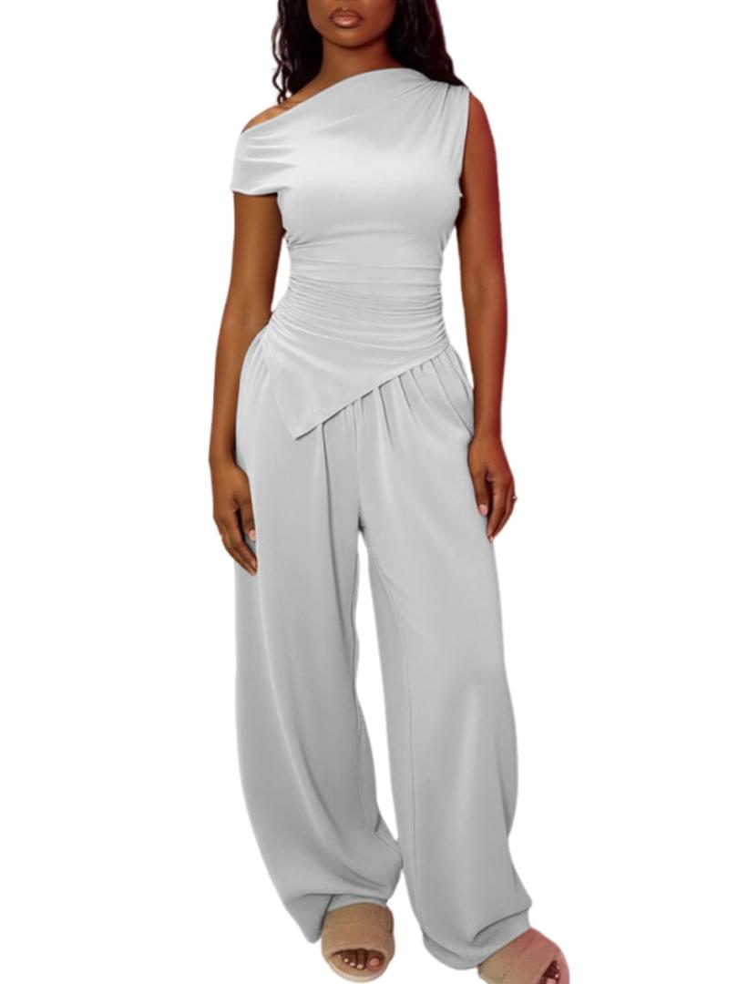 Ulovmi Women 2 Piece Outfit Off Shoulder Wide Leg Pants Set White XXL (White)