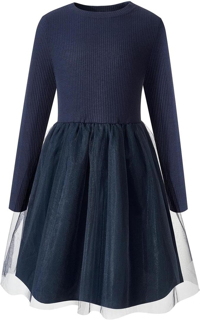 Little Bitty Girls Long Sleeve A-Line Tulle Princess Dress, Midi Length Casual Party Ribbed Knit Top Tulle Skirt 4-13 Years (6-7 Years)