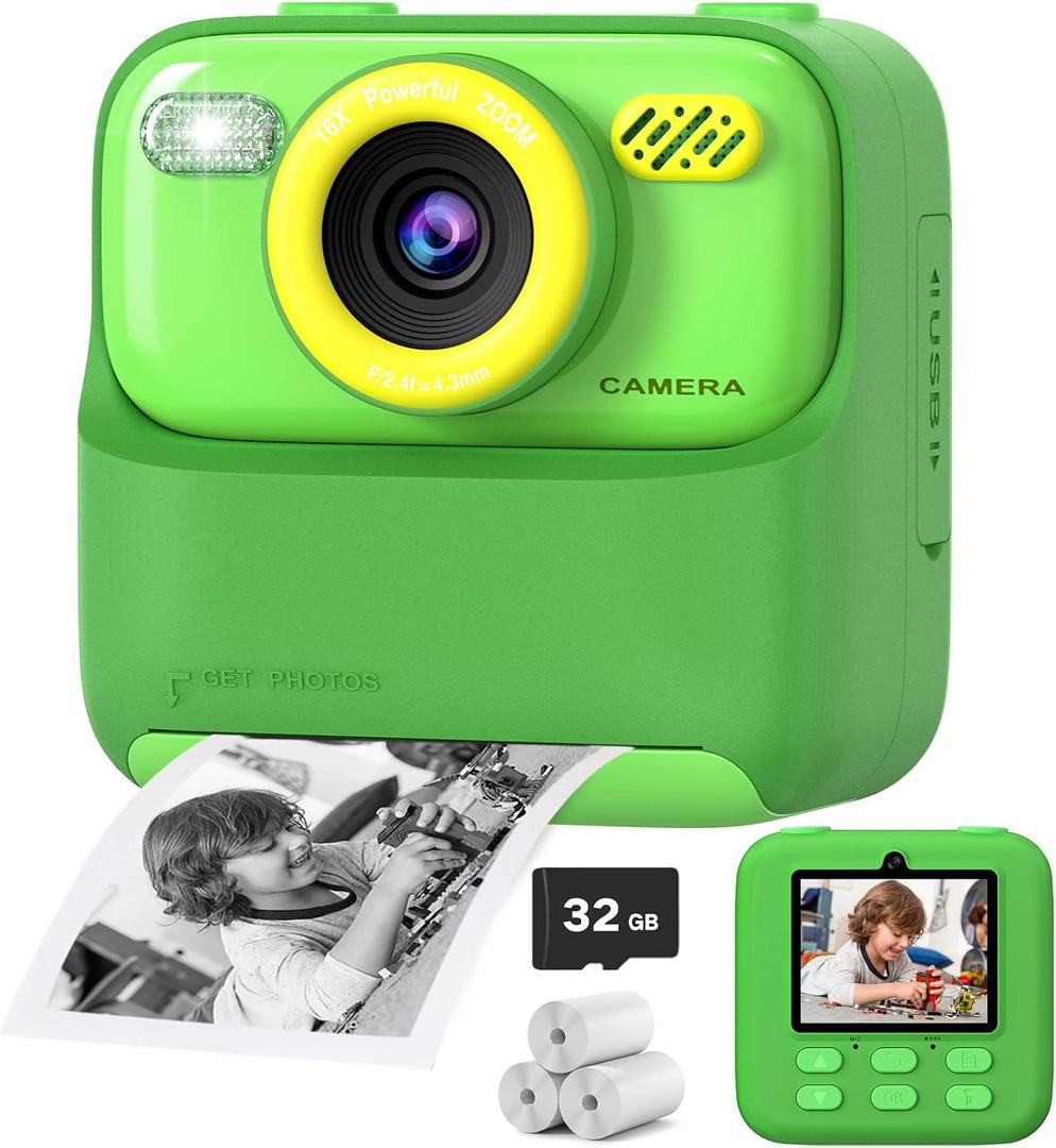 Kids Instant Digital Cameras for Boys and Girls, 1080P HD Dual-Lens Selfie Digital Camera with Print Paper & 32G Card, Christmas Birthday Gifts Toys for Toddler and Teenagers Age 3-16 Years Old (Green)