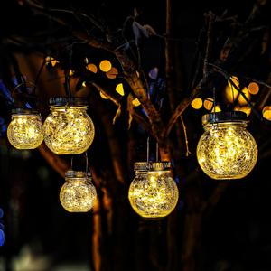Cooo 2 Pack Crackle Glass Solar Lantern with 30 LED Firefly Lights Waterproof Outdoor Hanging Lamp 215% Larger Solar Panel, Anti-Rust Lids Decorative Lighting for Garden Patio Christmas Decorations