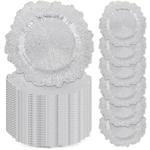 50 Pcs Silver Charger Plates Bulk, 13" Reef Plate Chargers for Dinner Plates, Plastic Floral Decorative Plates for Table Setting, Round Table Chargers for Wedding, Christmas, Party, Event, Decoration