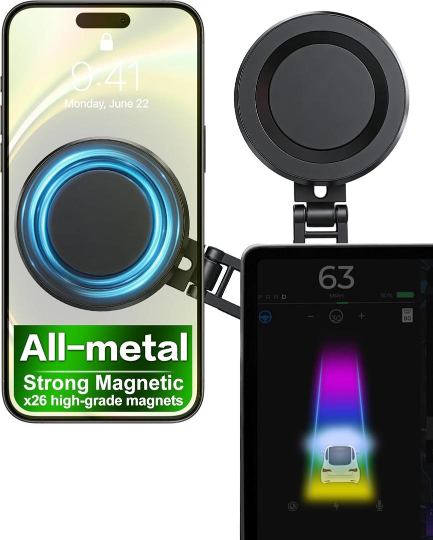 XIREL for Tesla Phone Mount All-Metal | MagSafe-Compatible [Strong Magnetic] Foldable 360 Adjustable for Tesla Model 3/Y/X/S/Juniper/Cybertruck,Fits All Phones+&iPhone17-12,Tesla Accessories