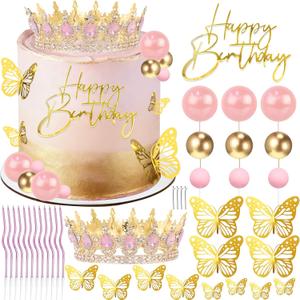 Crown Cake Topper, Pink & Gold Crown Balls Happy Birthday Cake Toppers Birthday Candles Butterfly, Corona Para Pastel, Crown Cake Decorations for Girls Women Queen Princess (Gold, Jelly Pink)