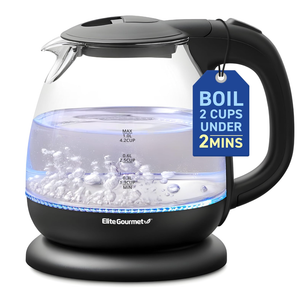 Elite Gourmet EKT1001 Electric 1.0L BPAFree 1100W Glass Kettle Cordless 360° Base, Stylish Blue LED Interior, Handy Auto ShutOff Function – Quickly Boil Water For Tea & More, Black