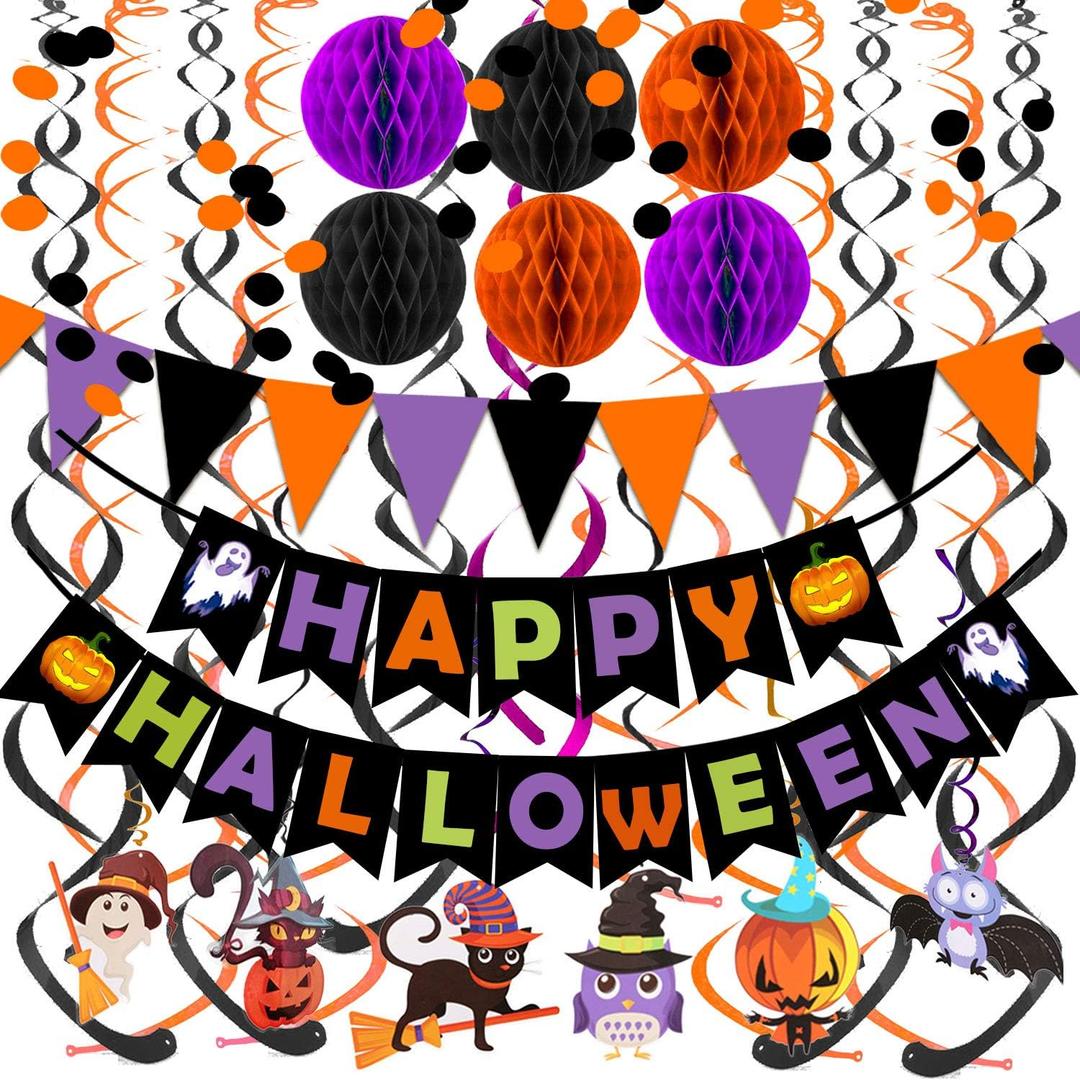 Happy Halloween Banner Paper Triangle Flag Bunting Circle Confetti Dots Hanging Garland Honeycomb Ball Swirl Streamers for Halloween Party Decorations (Black,orange,purple)