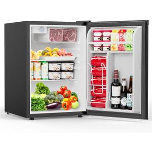 COWSAR 2.6 Cu.Ft Mini Fridge with Freezer, Quiet Reversible Door Compact Refrigerator, Small Refrigerator with 2 Removable Shelves, Adjustable Thermostat, for Office, Bedroom, Dorm, Black, 2.58 Cu.Ft