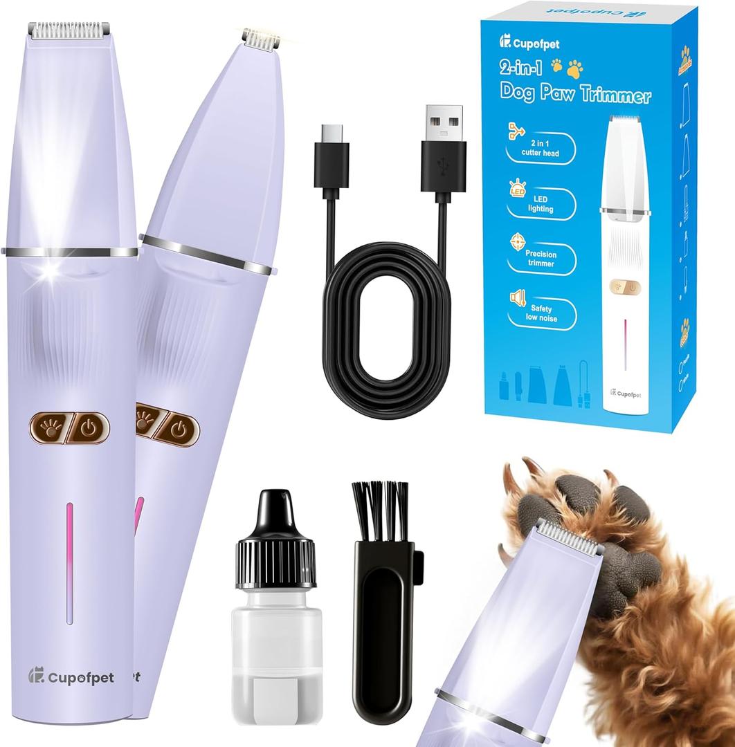 2-in-1 Dog Paw Trimmer with 2 Blades, Quiet Cordless Dog Clippers with 2 Speeds, Small Pet Hair Grooming Trimmer for Paws, Eyes, Ears, Face, Rump, USB-CPurple