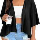 WDIRARA Women's Plus Size Open Front Jacket 3/4 Sleeve Lightweight Cardigan Outerwear (Black, XXL)