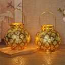 TRIROCKS Set of 2 Moroccan Style Metal Table Lamp 7'' High Battery Powered Cordless Lamp with LED Lights Bulb Perfect for Home Living Room Parties Tabletop Indoors (Gold)