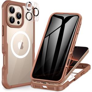 CENHUFO Magnetic Privacy for iPhone 16 Pro Max Case [Compatible with Magsafe] Full Body Phone Case Built-in 9H Tempered Glass Privacy Screen Protector and Camera Lens Protector Cover -Desert Brown
