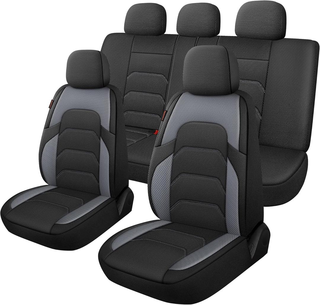 CAROMOP 3D Air Mesh Car Seat Covers Full Set,Breathable and Durable Seat Covers for Cars,Split Bench Compatible,Universal Fit for SUV,Vans,sedans, Trucks, Automotive Interior Covers(5-Seat Black/Grey)