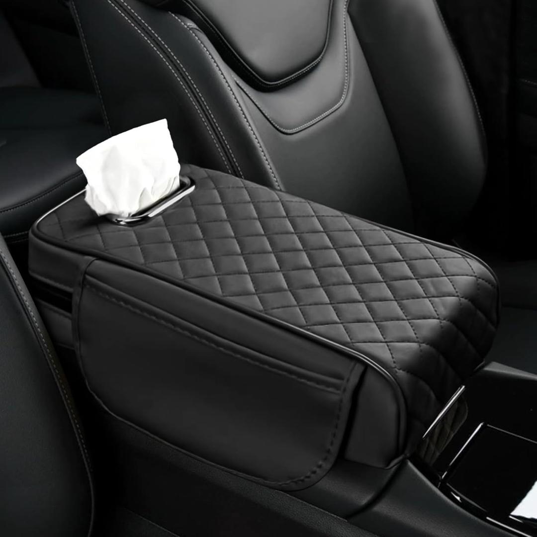 Car Center Console Cover, 13"7.09"2.95" Leather Car Armrest Cover with Pockets & Tissue Box, Comfortable Auto Armrest Cushion, Universal Arm Rest Protector for Car SUV Truck (Black)