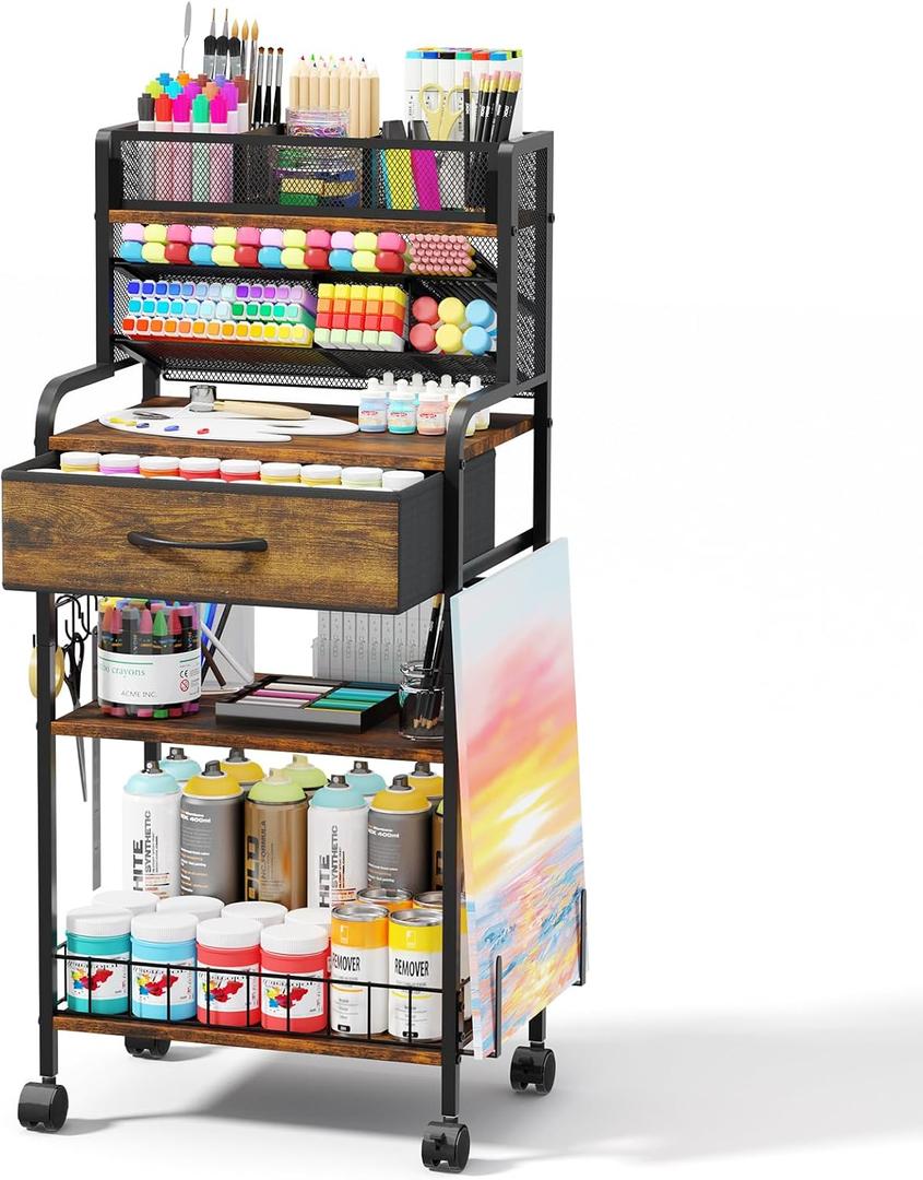 Homsorout Art cart, 3 Tier Rolling Cart - Utility Cart with Storage Drawer and Wheels, Versatile Art & Craft Organizer for Home, Office, or Studio Ideal for Storing Brushes, Paints Brown