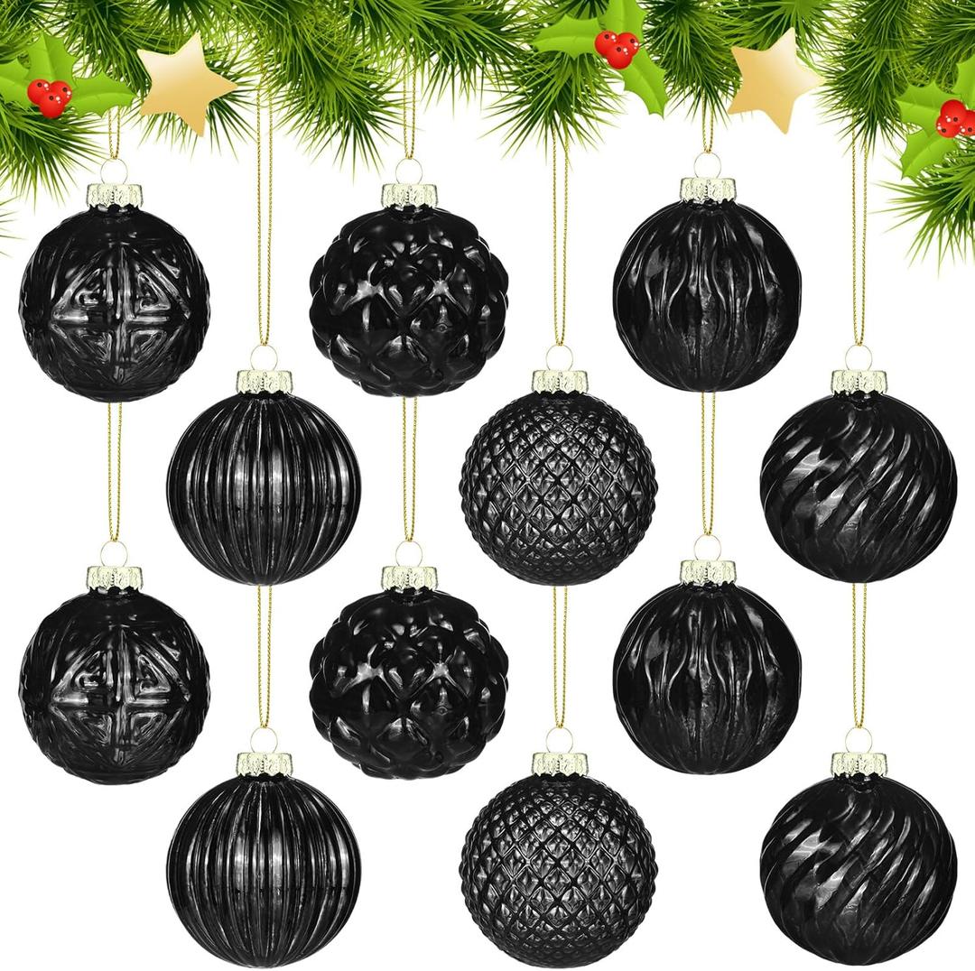 Jenaai 12 Pcs 2.36 Inch Black Glass Christmas Ball Ornaments Vintage Christmas Tree Decorations Mercury Glass Hanging Ornaments for Xmas Trees Party Garland DIY Craft Holiday Supplies