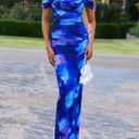 PRETTYGARDEN Cocktail Dresses for Women 2026 Summer Floral Off Shoulder Ruched Mesh Elegant Wedding Guest Maxi Dress (Blue)