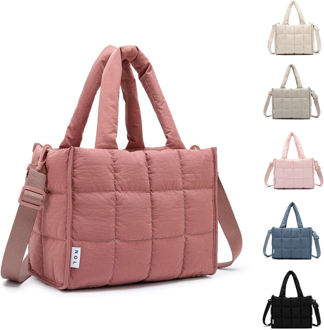 NOL Natural Organic Lifestyle Women's Nylon Lunch Cooler Quilted Tote Bag Puffy Insulated Lunch Bag for Women, Lightweight Waterproof Lunch Box for Work, Picnic, Outdoors,Dark pink