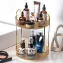 Rotating Makeup Organizer Countertop 2 Tier Lazy Susan Trays Clear Skincare Perfume Storage for Bathroom Counter Vanity, Amber Gold