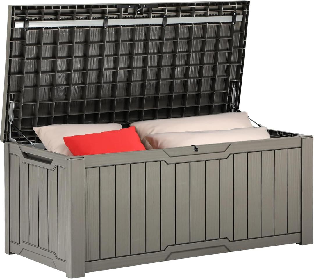 YITAHOME 120 gallon large deck box, resin outdoor storage box with lockable back lid for outdoor pillows, garden tools and pool supplies