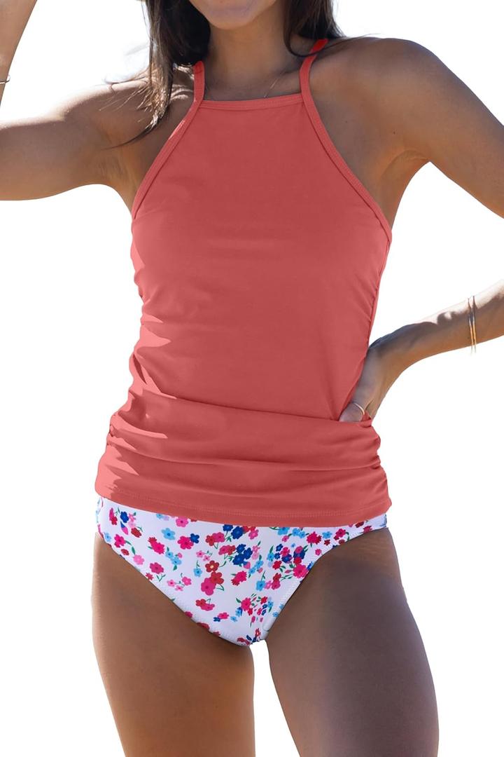 Beachsissi Womens Tankini Ruched Design Tummy Control Bathing Suits (Medium, Coral)