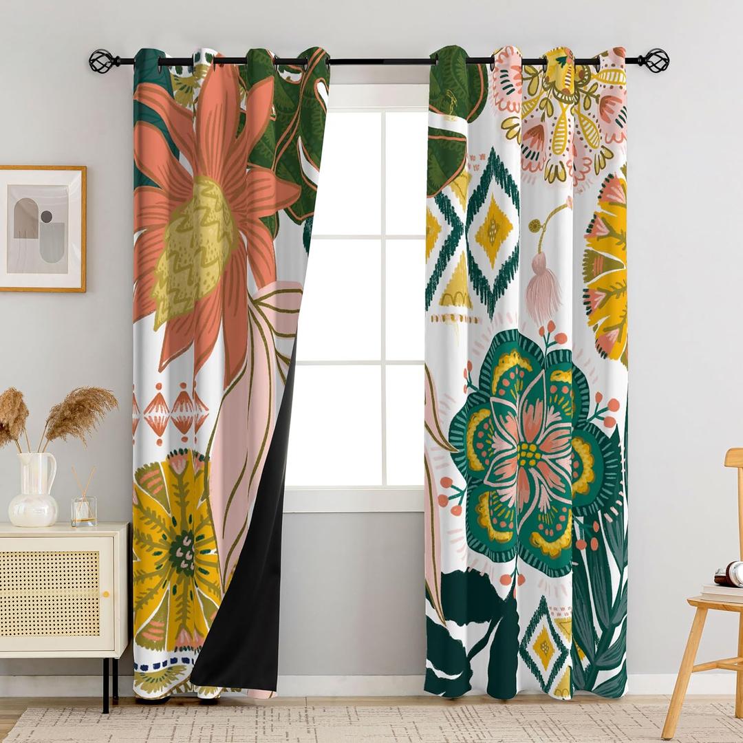 Tyrot Boho Floral 100% Blackout Curtains for Living Room 72 inch Long 2 Panels Mid Century Botanical Black Out Curtains for Bedroom Grommet Thermal Insulated Room Darkening Window Drapes, 52Wx72L