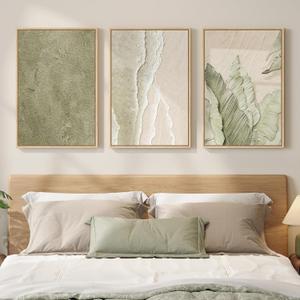 Framed Abstract Sage Green 3 Piece Wall Art for Living Room, Modern Neutral Waves Botanical Canvas Artwork for Walls, Minimalist Wabi Sabi Rustic Nature Print Wall Decor for Bedroom Office, 16x24 Inch