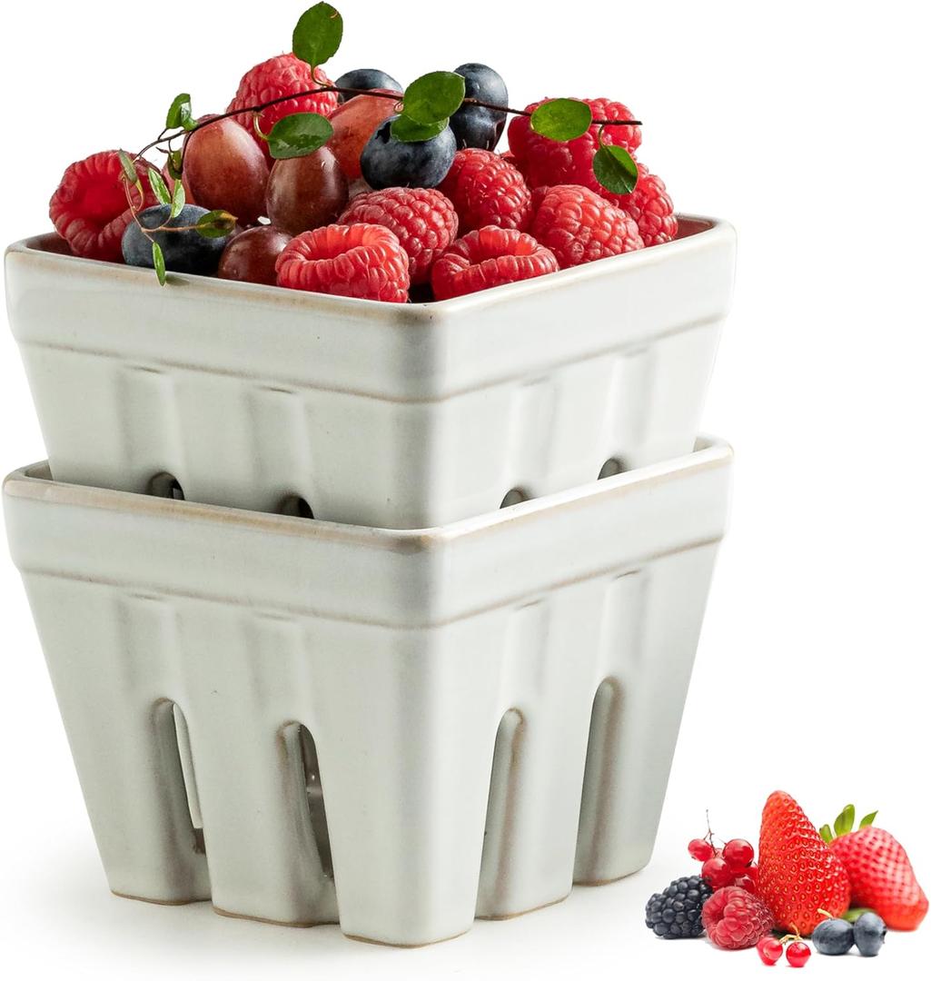 Gomakren Ceramic Berry Basket Set of 2, Square Fruit Bowl with Holes, Small Fruit Basket Containers for Kitchen Counter, Berries, Strawberry, Grape, Cherry, White (4.0 Inch)