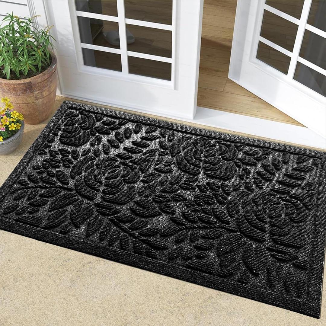 Bulijojo Front Door Mat Entrance,Durable Heavy Duty Welcome Mat,Thick Absorbent Natural Rubber Non Slip Mat,Sturdy Entryway Black Flower,23x35