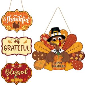 Thanksgiving Decoration Wood Pumpkin Turkey Door Wall Wreath for Front Door Sign Thankful Blessed Grateful, Pumpkin Sign for Fall Autumn Harvest Home Thanksgiving Party Outdoor Halloween Decoration (Large)