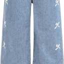 Girl's Bow Graphic Wide Leg Jeans Elastic High Waisted Baggy Denim Pants with Pockets