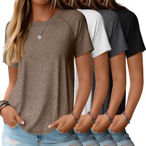 Huukeay 4 Pack Women's Short Sleeve T Shirts, Casual Crewneck Solid Raglan Tee Shirts Summer Side Split U-Shape Hem Tunic Top (Medium, Black, Dark Gray, White, Coffee)