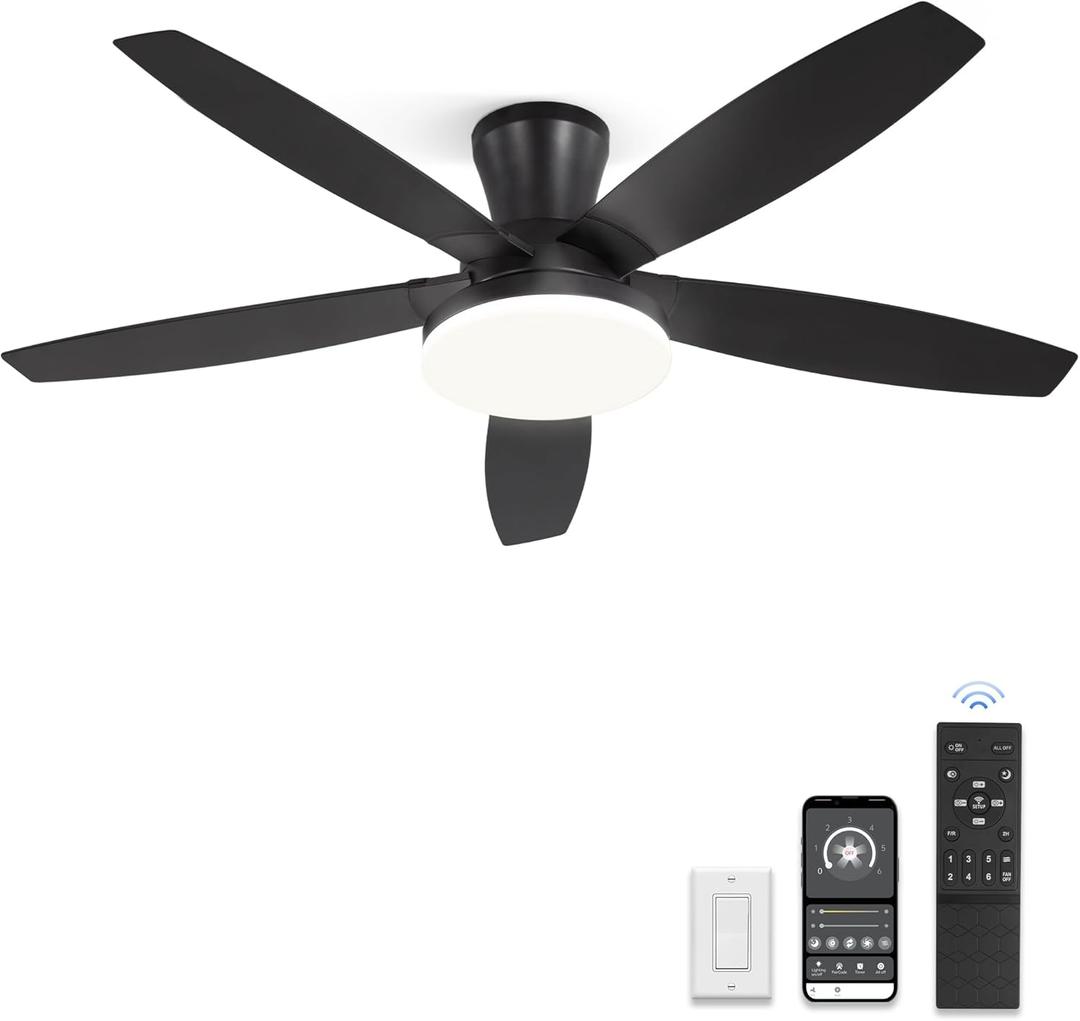 48 inch Ceiling Fans with Lights and Remote/APP Control,Black Low Profile Ceiling Fan with Light,Quiet DC Motor,LED Dimmable, Modern Flush Mount Ceiling Fan for Bedroom Indoor/Outdoor Patio