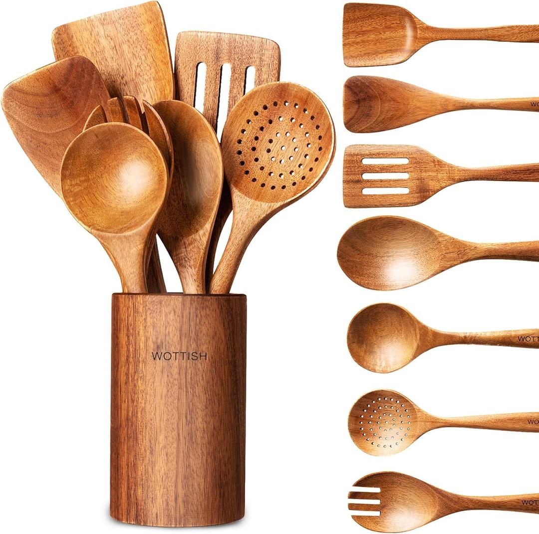 Wooden Spoons for Cooking - 8-Piece Wooden Kitchen Utensil Set made of Natural Solid Wood Material-Includes Spoons, Spatulas, Ladles, Mixing Spoon and Utensil Holder, Valentine's Day Gifts