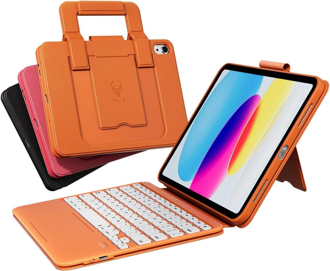 PAUL B for iPad 11th/10th Gen Case with Keyboard 11/10.9 inch A16 2025/2022,Handbag Design Wireless Keyboard Cover for iPad 11/10 Gen, with Pencil Holder,Multi-Touch Trackpad (Orange)