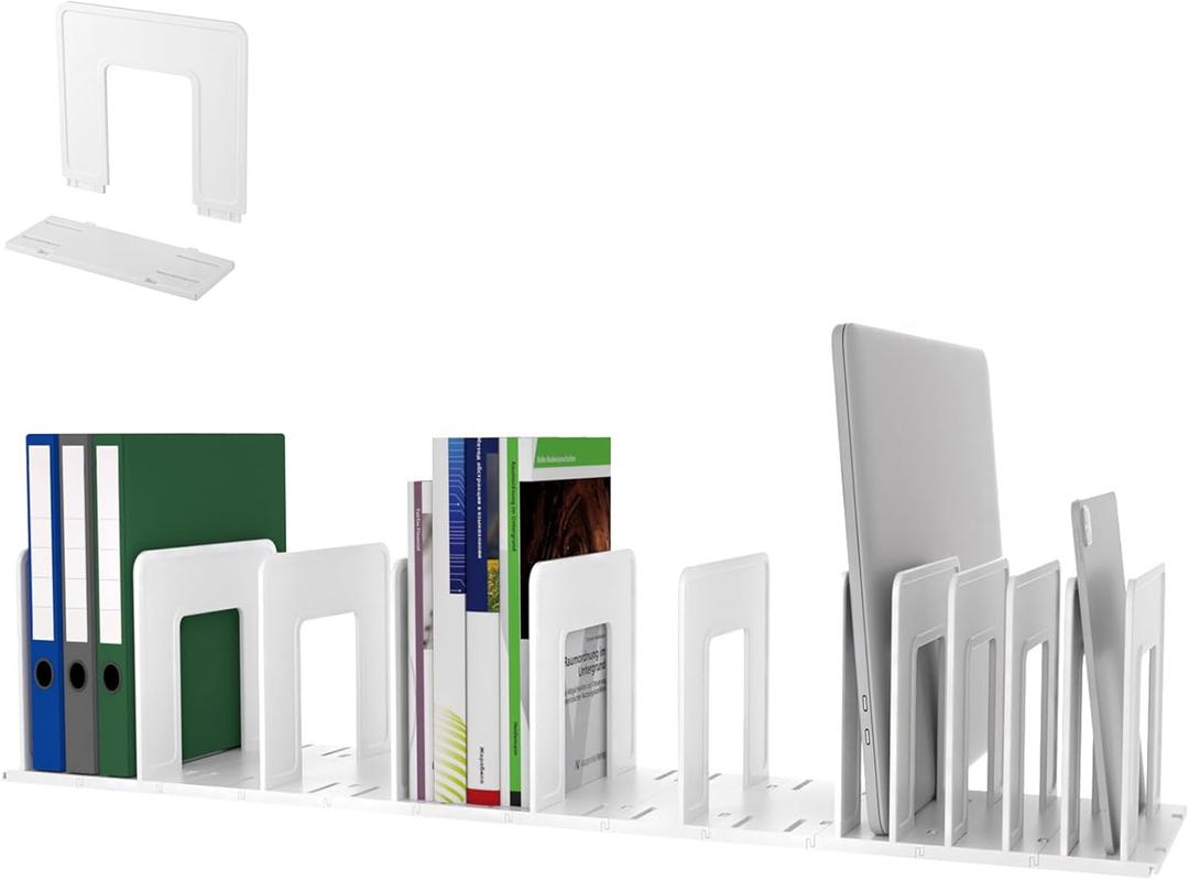 Adjustable Vertical File Sorter Sturdy Plastic Expandable Upright File Holder, Desktop Binder Organizer, Home School Office File Organizer Bookshelf Divider, Assemble Easily Endlessly, White