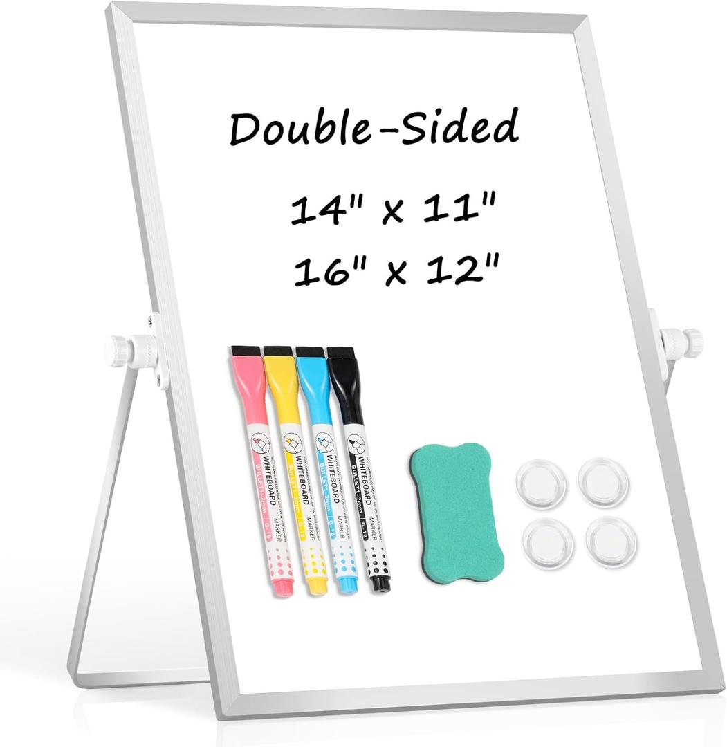 Dry Erase Magnetic White Board, 16" x 12" Double-Sided Desktop Whiteboard with Stand, Portable Small Whiteboard Set for Drawing, Office, Home, School