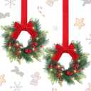 2 Pcs 9 Mini Christmas Wreath for Front Door Christmas Artificial Pine Needle Winter Wreath for Cabinet Wedding Window Home Wall Indoor Decor