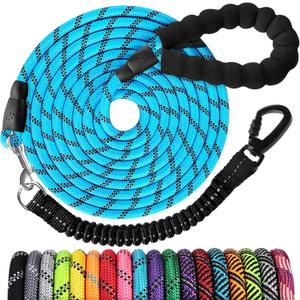 Long Dog Leash 40 FT: Heavy Duty Rope Leashes for Dogs Training with Swivel Lockable Hook Reflective Threads Bungee and Padded Handle - Dog Lead for Large Small Medium Dogs Outside Walking Hiking Blue (40ft*1/3'')