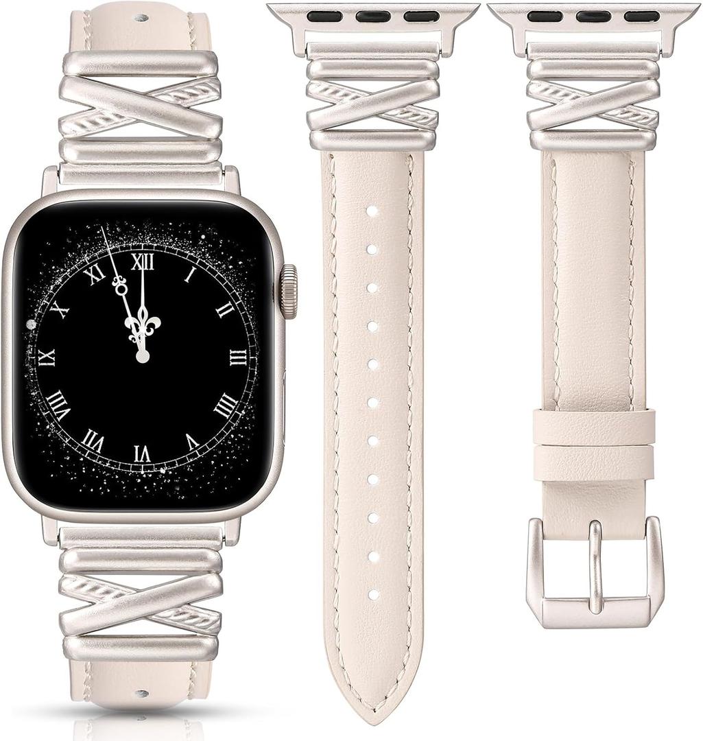 Minyee Leather Band Compatible with Apple Watch 42/41/40/38/44/45/46/49mm Women,Dressy Slim Premium Leather Strap with Designer X-Shape Metal Buckle for iWatch Series 11 10 9 8 7 6 5 4 SE/Ultra 3 2 1