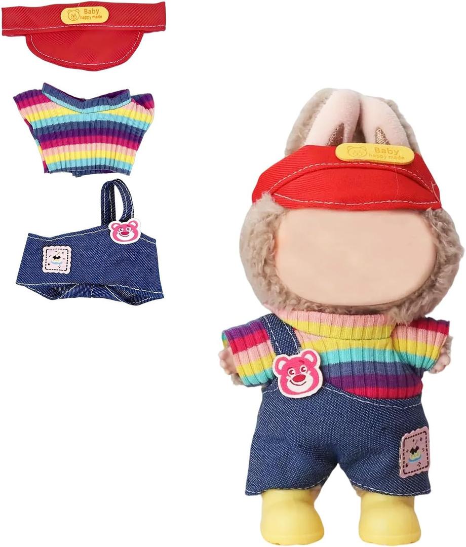 17cm Doll Clothes(NO Doll), Cute Dolls Outfit Accessories with Hat + Top + Suspenders Pants, Small Kawaii Clothes Set for Dolls(Style 12)