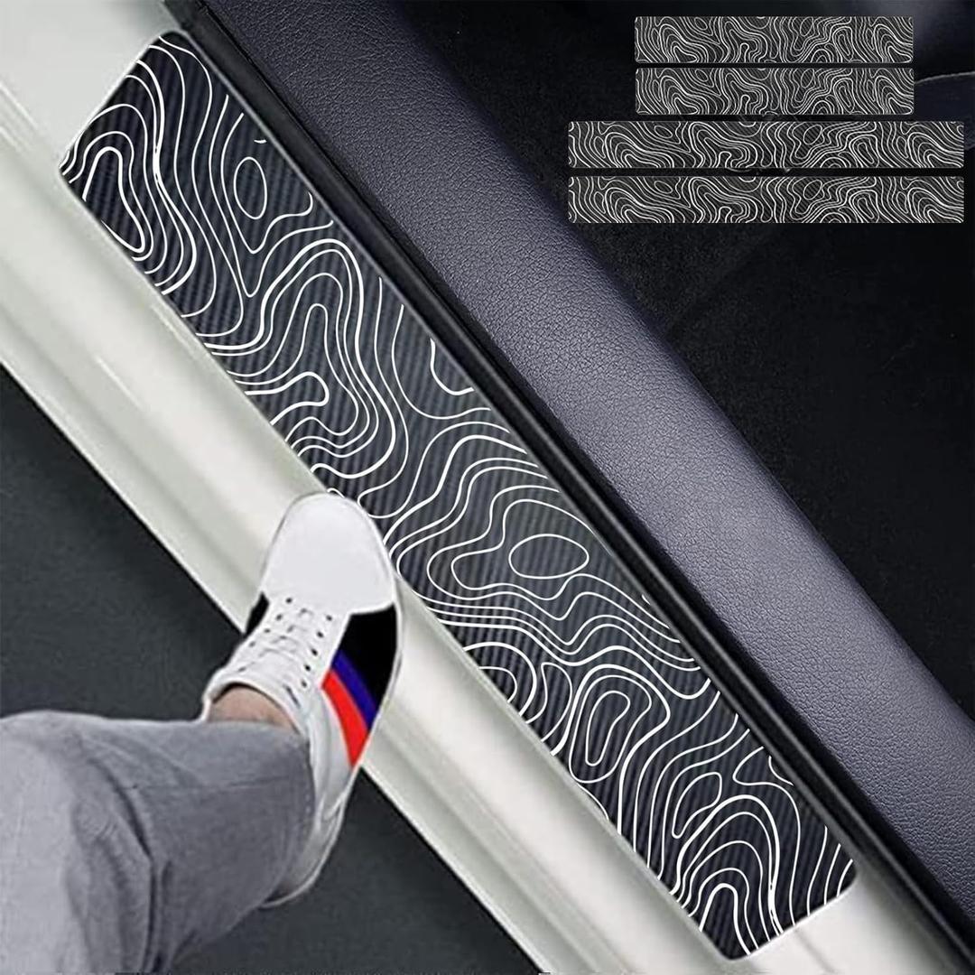 4 Pcs Topographic Topography Map Exploration Discover Carbon Fiber Car Door Front/Rear Sill Plate Protectors, Reflective Sticker Decorative Door Entry Guard Door Threshold Scratch Pad Film