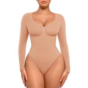 FeelinGirl Women's Long Sleeve Shapewear Bodysuit for Tummy Control Seamless Body Suits Thong V Neck Going Out Tops S