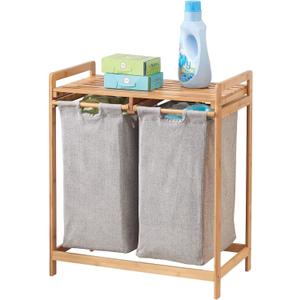 mDesign Freestanding Bamboo 2 Section Double Laundry Organizer Hamper with Removable Storage Sorter Bags, Space-Saving Basket Duo with Handles for Clothes/Linens - Echo Collection - Natural/Tan