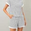 MISSACTIVER 2 Piece Lounge Set Women Stripe Knit Short Sleeve Tee Shirts Shorts Casual Summer Loungewear Shorts Sets (White, M)