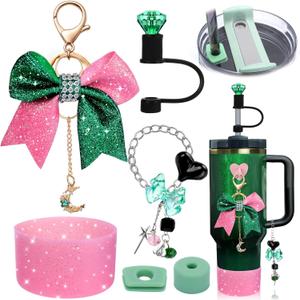 AIERSA Pink And Green Cup Accessories Set for Stanley,Included Bow Charm,Handle Charm,Silicone Boot,Diamond Straw Cover,Stopper Spill,Movie Theme Merch Cup Decorations for Gifts