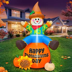 6FT Thanksgiving Inflatables Outdoor Decoration Inflatable Scarecrow Sitting Pumpkin, Built in LED Lights Blow Up Yard Decorations for Fall Holiday Party Garden Lawn Dcor