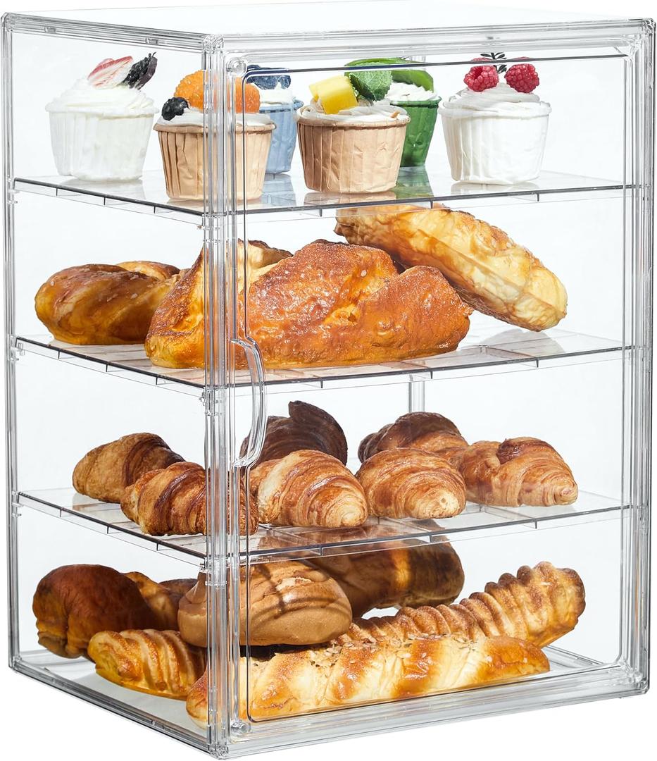 3 x SANKEU Pastry Display Case,Bread Box for Kitchen Countertop,4 Layers Adjustable Clear Bread Storage with Magnetic Door Bakery Pastry Display15.5x11.4x9.8inch1 Pack