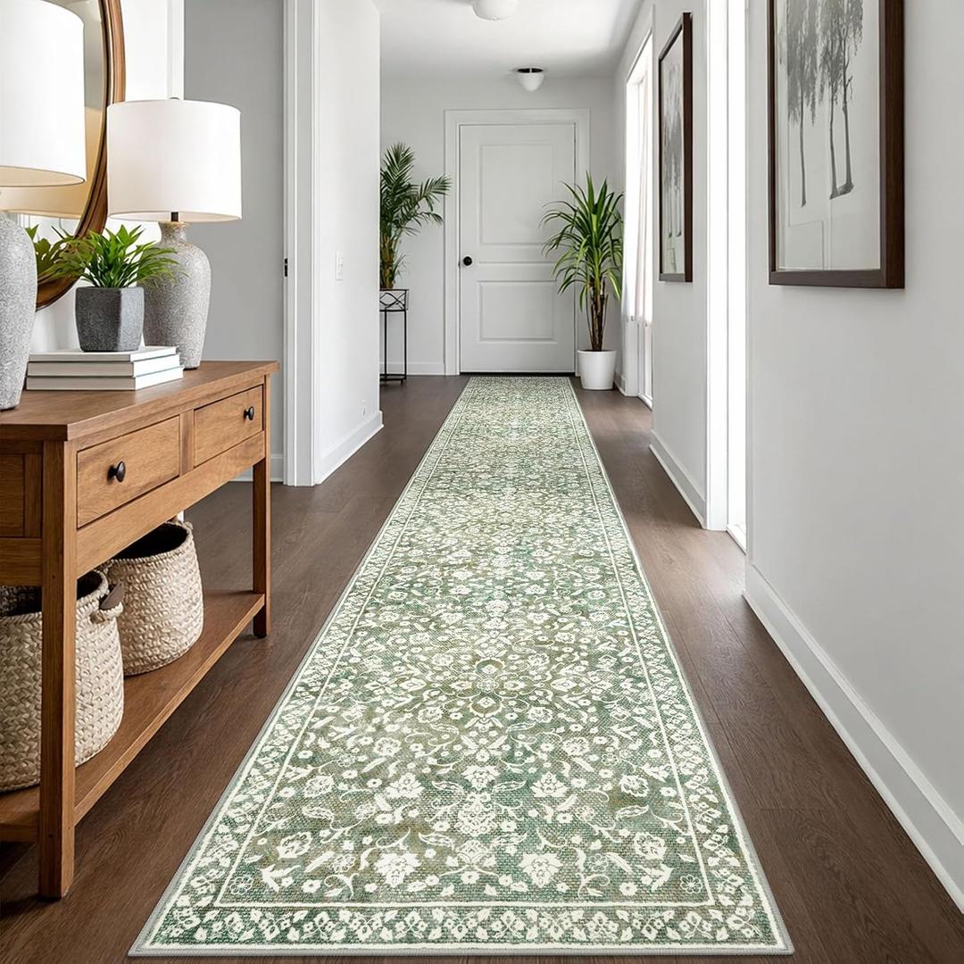 Vintage 2.6x18 Hallway Runner, Sage Green Beige Washable Non-Slip Long Hallway Carpet, Super Soft Kitchen Runner, Print Faux Wool Floral Thin Carpet for Entryway