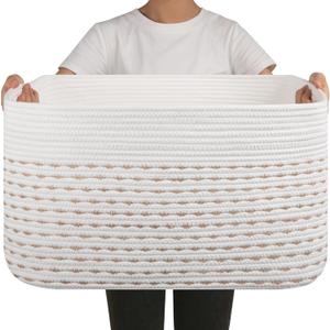 OIAHOMY 75L Blanket Basket, Woven Cotton Rope Basket for Organizing 22x17x12, Used for Living Room, Bedroom, Nursery, Light Yellow & White